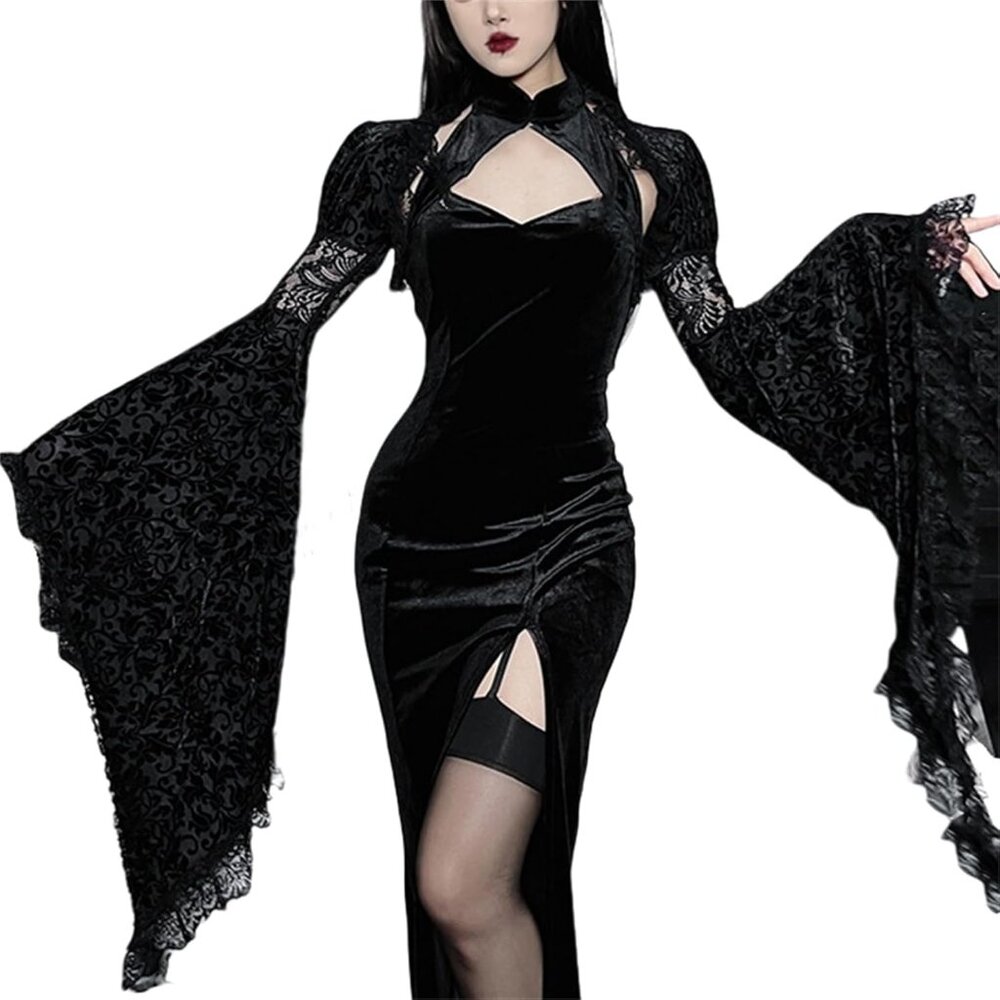 Women's Black 6 Goth Bell Long Sleeve Bolero Shrug Crop Top - Picture 7 of 7